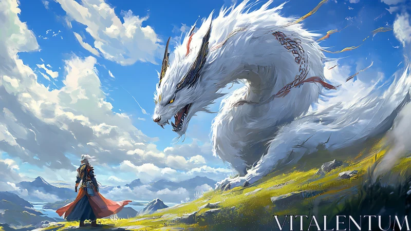 Skyward meeting with a gentle white dragon guardian.