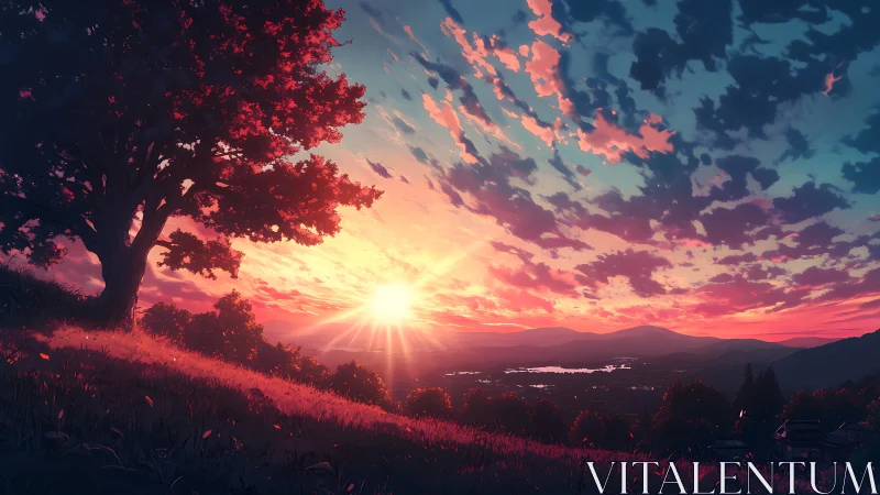 Radiant sunset over valley with silhouetted tree and cloudfield.