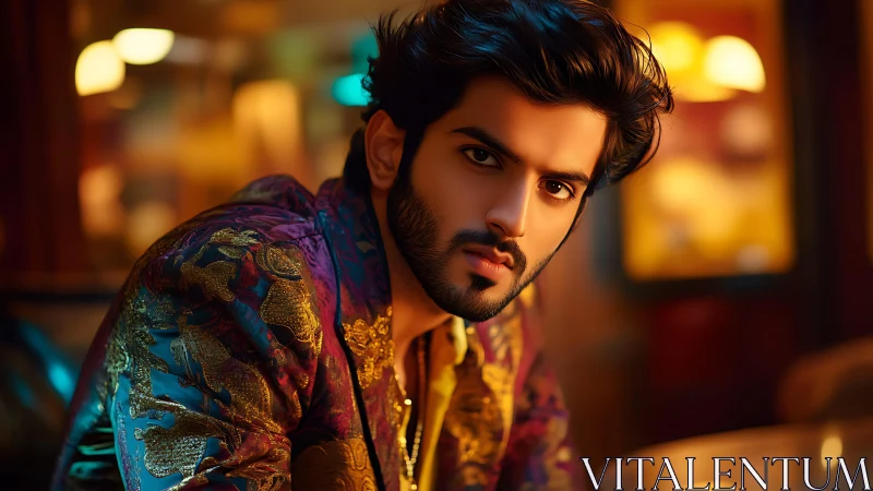 Stylish man in ornate jacket stares into warm neon glow