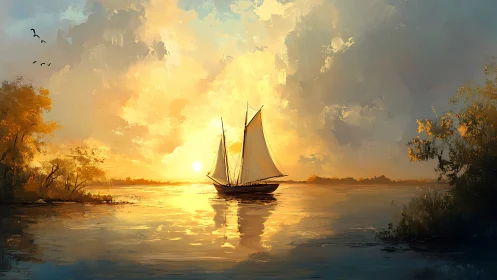 Sunlit sailboat traverses reflective river under diffuse golden sky