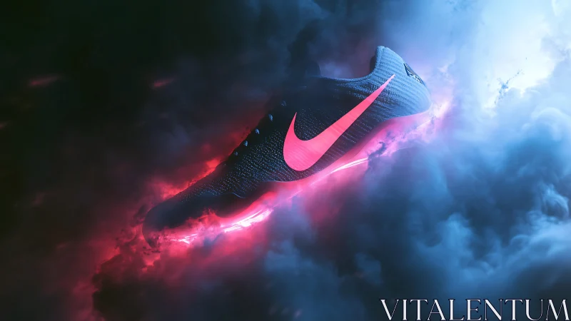 Neon-lit athletic shoe glides through bi-chromatic vapor field