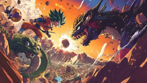 Saiyan sky-duel against roaring cosmic dragons at dusk.