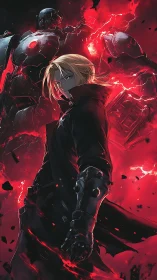 Anime warrior with metal arm stands before glowing red mech