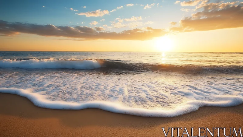 Sunlit shoreline waves curl over smooth golden sand.