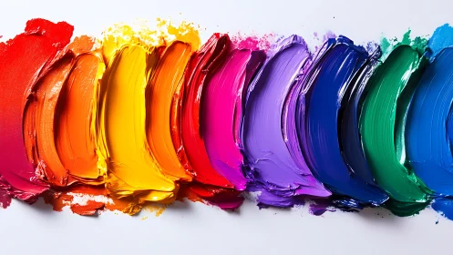 Vibrant rainbow oil paint strokes curve across white surface