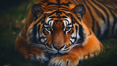 Resting Bengal tiger in low light, frontal close-up portrait
