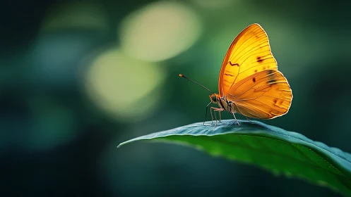 Luminous orange butterfly poised on leaf in soft bokeh glow.