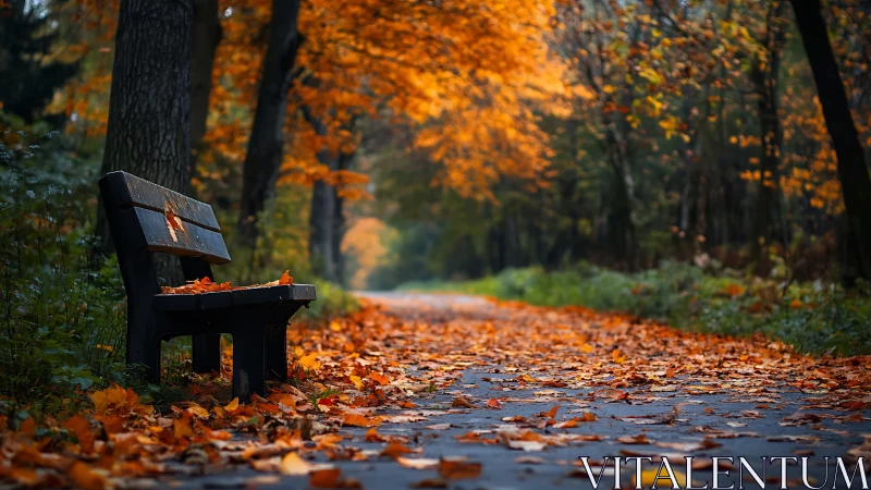 Empty park bench beside leaf-covered autumn pathway.