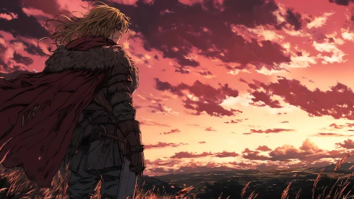 Cloaked figure observing red clouded sunset horizon.