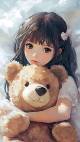 Soft-lit anime portrait shows girl hugging plush teddy bear tightly