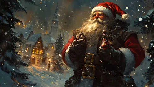 Santa Claus holding gifts in snowy village at night.