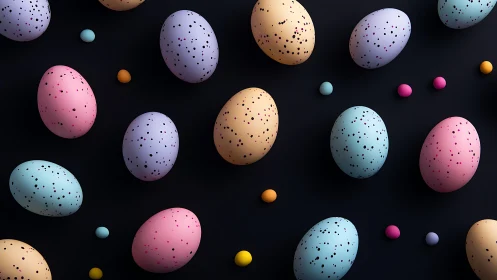 Pastel speckled Easter eggs float on dark minimal backdrop.