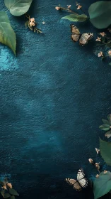 Butterflies drifting over teal textured botanical border.