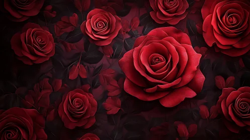 Digital rendering depicts clustered red roses against dark background.