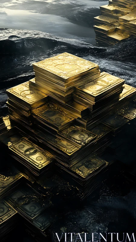Golden money stacks gleam in a dark reflective landscape.