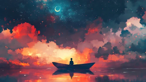 Solitary dreamer in a boat gazes toward a crescent moon.