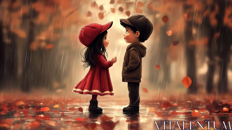Digital Rendering: Two Children in Rain with Autumn Foliage.