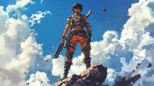 Postapocalyptic skyward ranger framed by cinematic clouds.