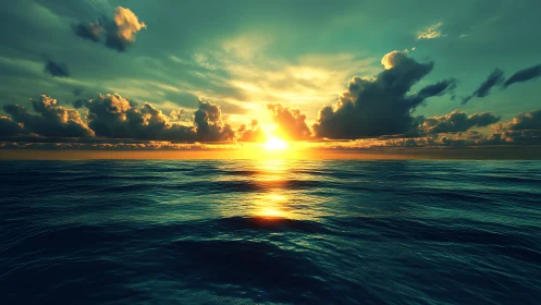 Sun sets over rippled ocean horizon under dense clouds