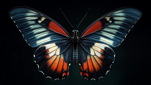 Symmetrical butterfly specimen is displayed against dark field