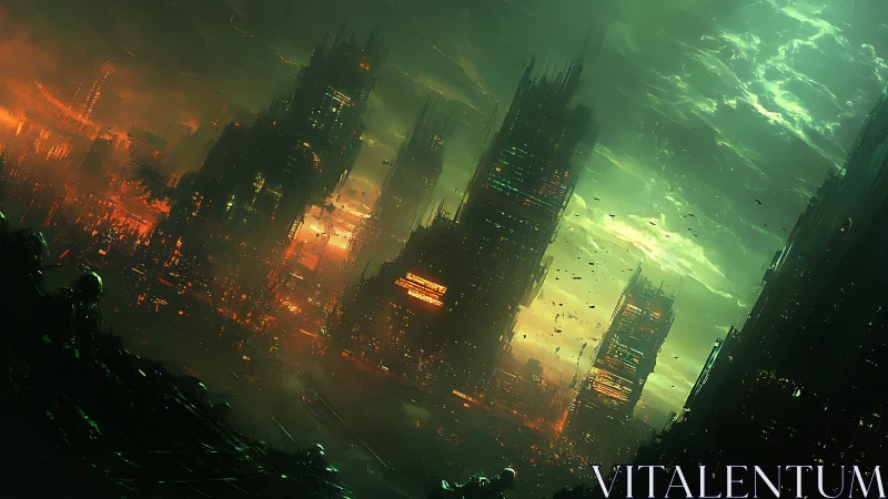 Dense dystopian city skyline under eerie green sky.