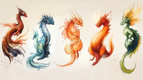 Elemental dragon quintet swirling in luminous watercolor glory.