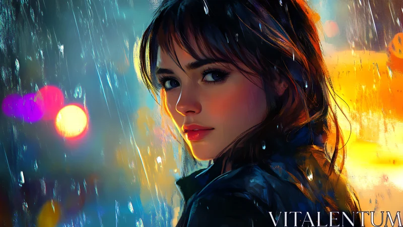 Digital painting portrait in neon rain with cinematic bokeh lighting.