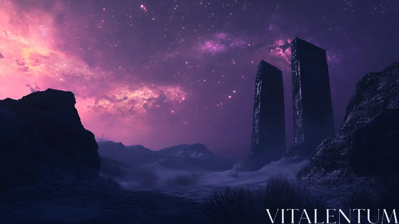 Twin alien monoliths under vivid purple night sky.