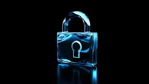 Blue glass padlock icon on black digital security backdrop.