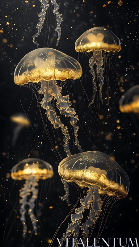 Golden jellyfish drift like slow fireworks in deep water