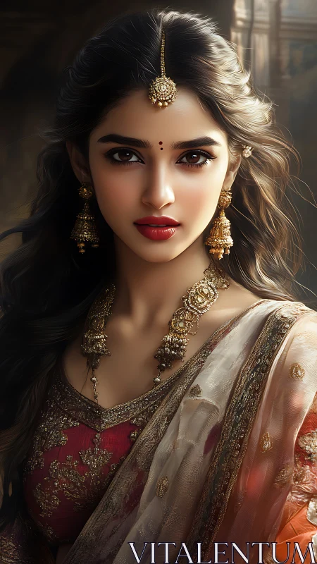Graceful woman in ornate sari with glowing golden jewelry.