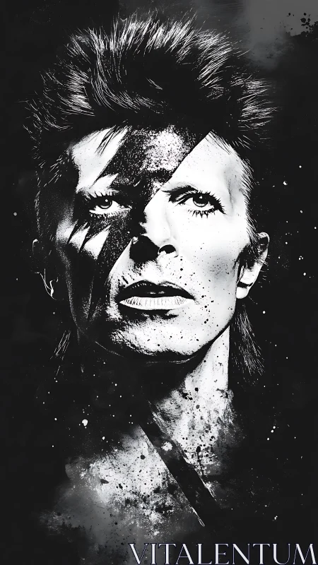 Monochrome split-portrait with lightning motif and ink splatter