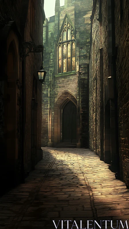Gothic stone alley with arched cathedral portal in dusk light