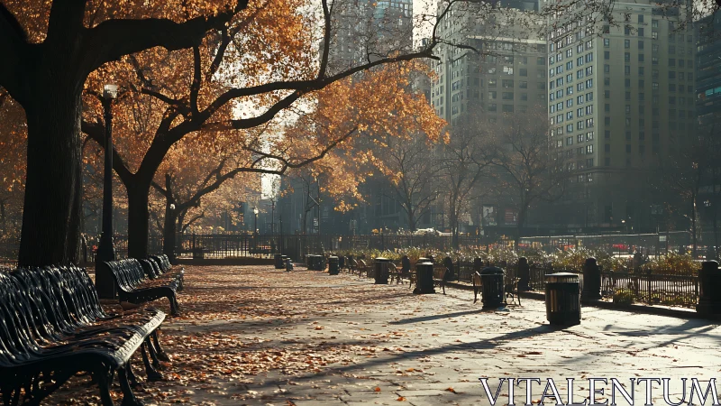 Photorealistic autumn city park with benches and high-rises.