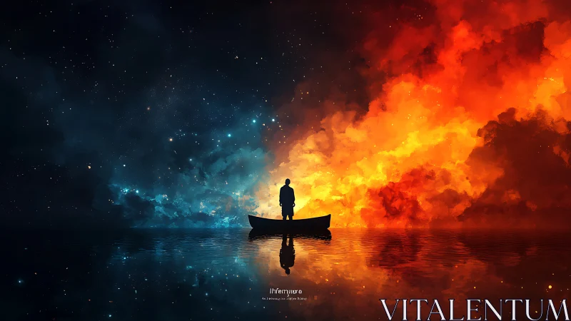 Midnight rower between nebula frost and firestorm glow.