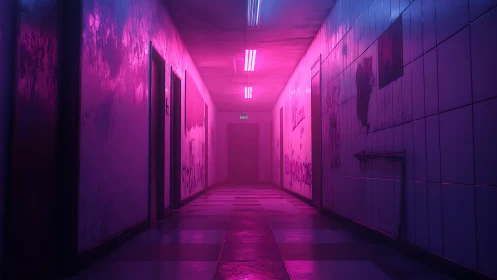 Neon pink corridor glows over vandalized tiled walls.