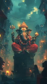 Ganesha statue in glowing urban night festival scene.