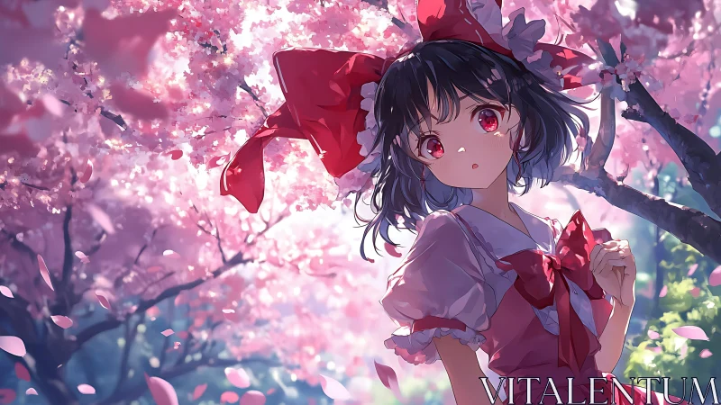 Anime girl under pink cherry blossoms in spring light.