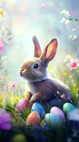 Easter bunny rests among colorful painted eggs in meadow