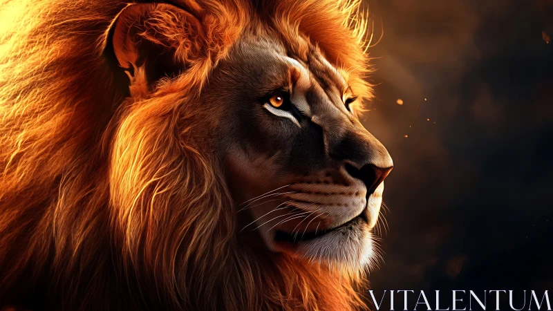 Majestic lion portrait in warm dramatic side lighting.
