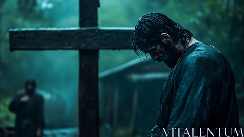 Rain-soaked man bows by a wooden cross in misty forest