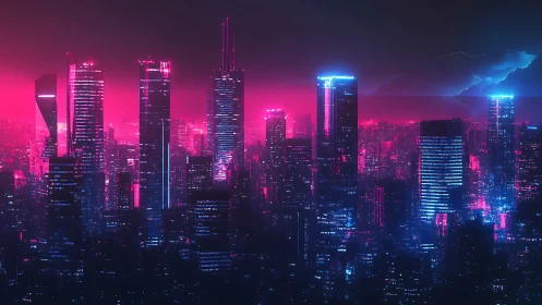 Cyberpunk neon skyline over dense futuristic megacity.