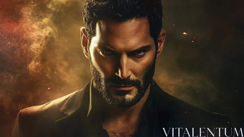 Low key male portrait with warm cinematic smoke and sparks