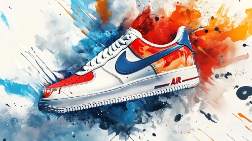 Custom white sneaker explodes with dynamic paint splashes.