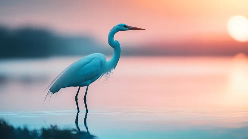 Solitary white egret wading in shallow water at pastel sunrise
