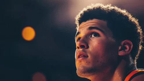 Basketball player portrait under warm arena spotlight.
