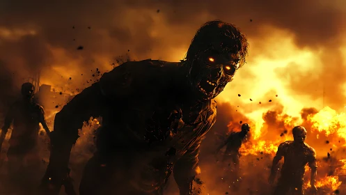 Apocalyptic inferno with advancing molten-eyed zombie horde