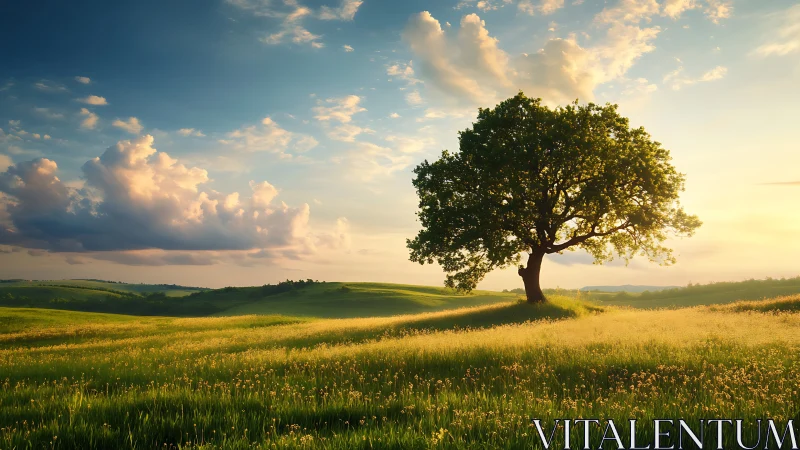 Solitary tree on sunlit meadow under expansive sky.