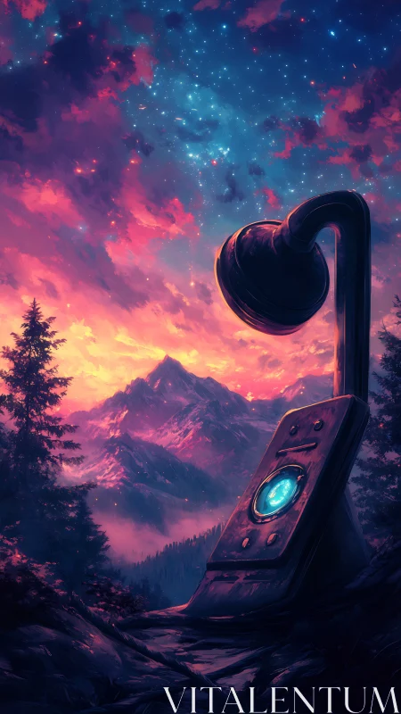 Ancient cosmic communicator glows beneath a vivid nebula sky