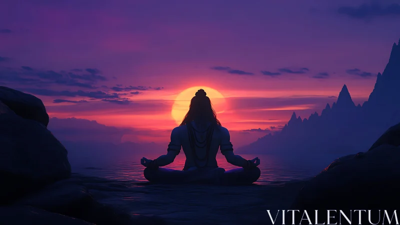 Sunset yogi dissolves into violet tides of mountain quiet.